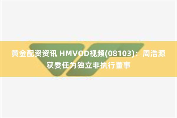 黄金配资资讯 HMVOD视频(08103)：周浩源获委任为独立非执行董事